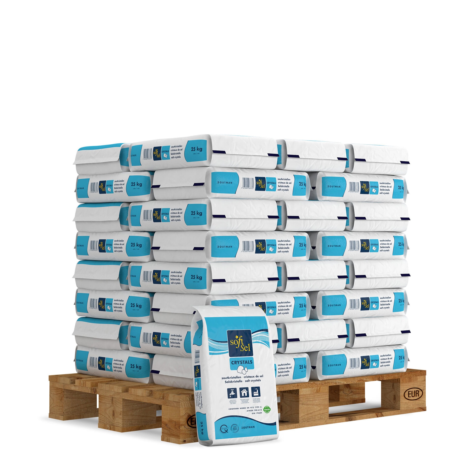 Palle med 25kg. poser saltkrystaller