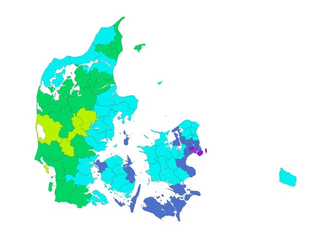 Kort over drikkevands hårdhed i Danmark